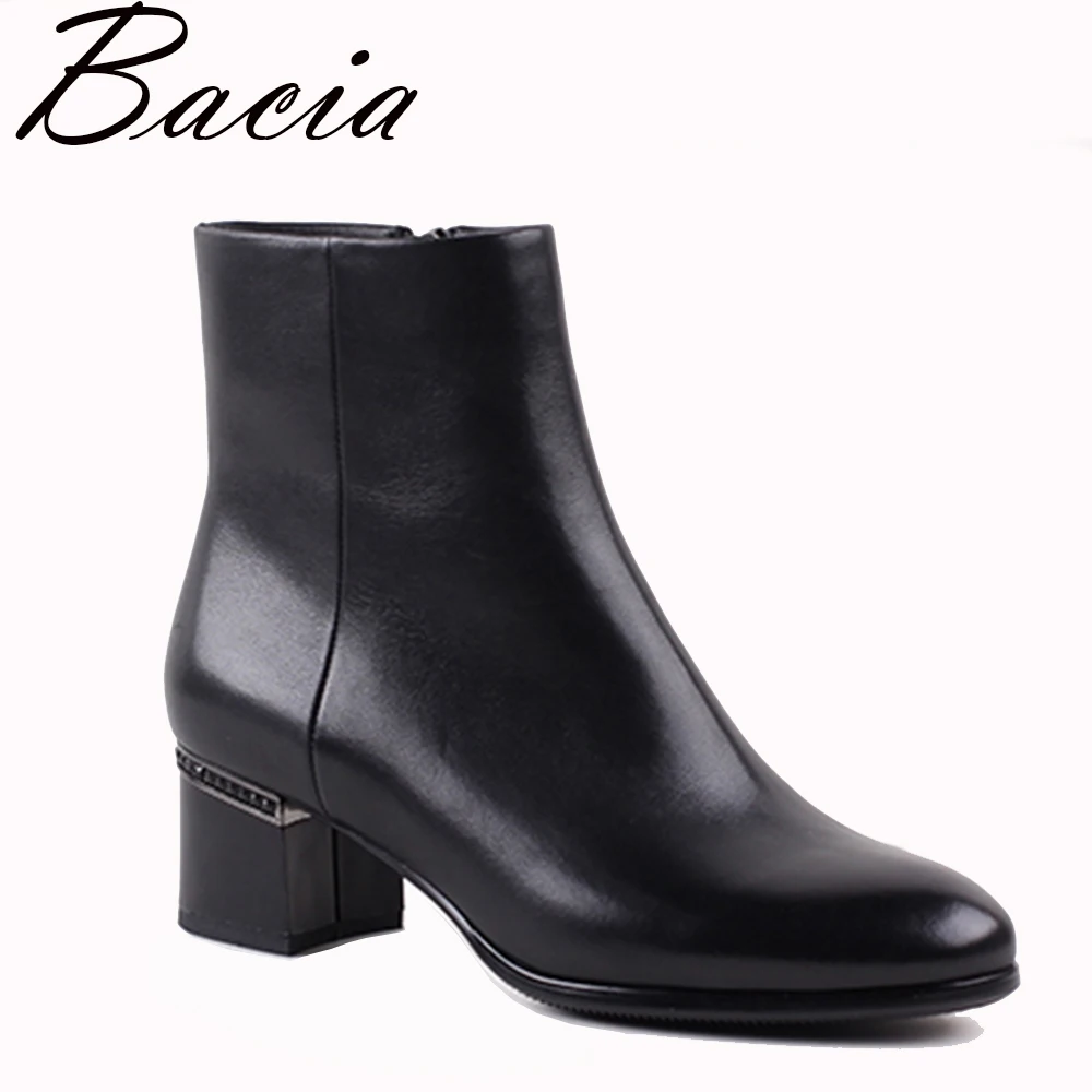 

Bacia Genuine Leather Botas Square Heel Round Toe Shoes Women 5.5cm Heels Black Cow Leather Quality Ankle Boot Size 35-40 VXA003
