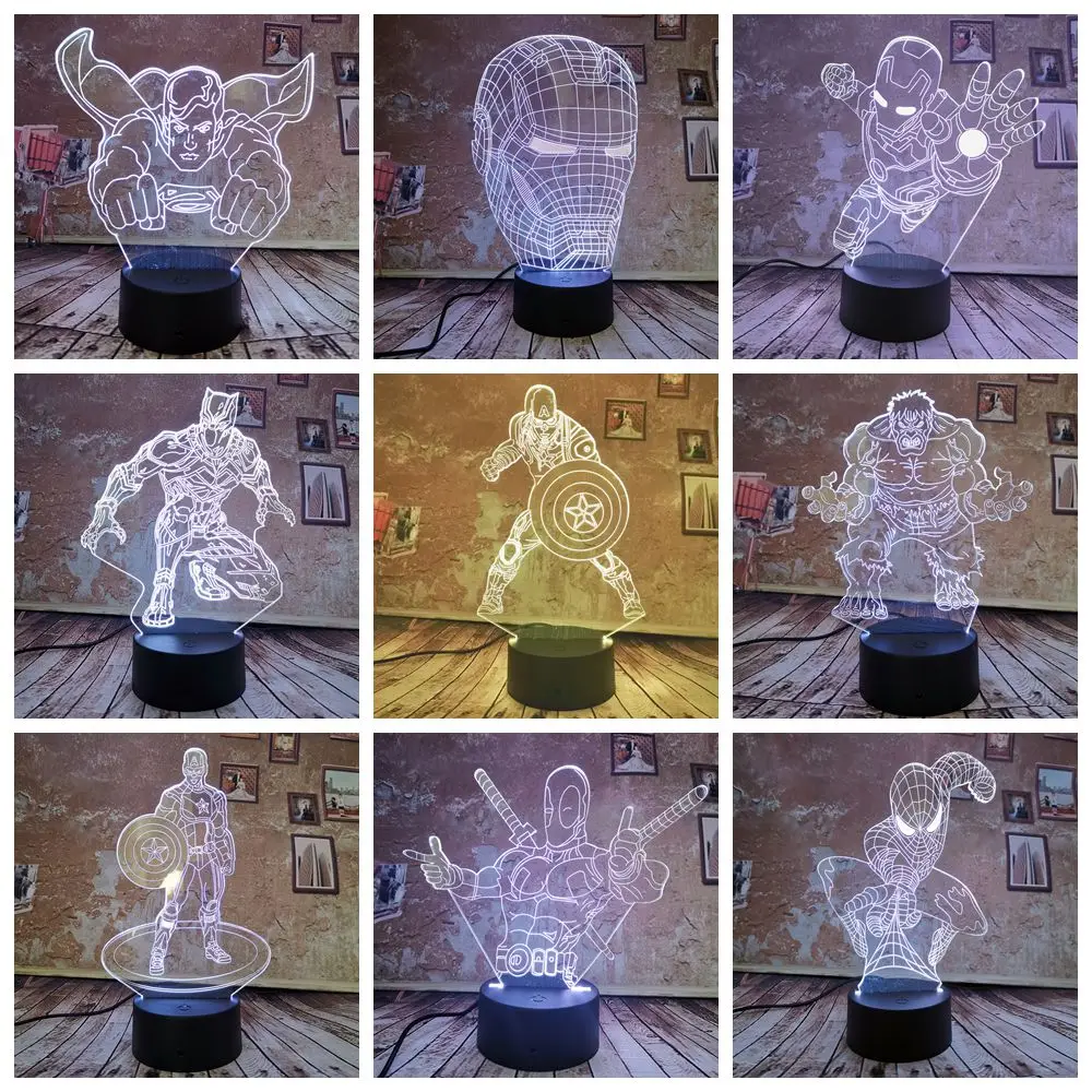 3D Led Lamp Night Light Marvel Black Panther Hulk Iron man Spiderman Deadpool Batman Captain American 7 Color Change
3D Led Lamp Night Light Marvel Black Panther Hulk Iron man Spiderman Deadpool Batman Captain American 7 Color Change