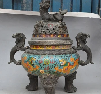 18"mark china palace bronze Cloisonne dragon foo dog beast incense burner Censer
18"mark china palace bronze Cloisonne dragon foo dog beast incense burner Censer