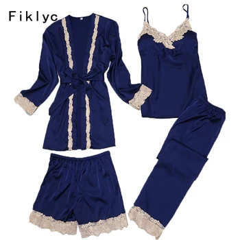 Fiklyc brand four pieces women's pajamas sets bathrobe + tops + short pants + long pants with padded chest sleepwear set satin
Fiklyc brand four pieces women's pajamas sets bathrobe + tops + short pants + long pants with padded chest sleepwear set satin