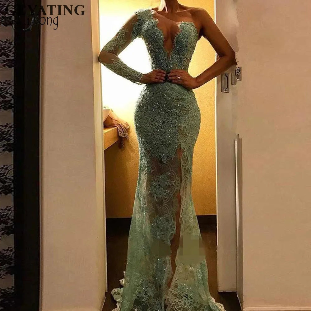 Sexy Lace Long Sleeves Mermaid Prom Dresses 2019 Mint Green Beaded Long Evening Gowns Side Split One Shoulder Formal Party Dress
Sexy Lace Long Sleeves Mermaid Prom Dresses 2019 Mint Green Beaded Long Evening Gowns Side Split One Shoulder Formal Party Dress
