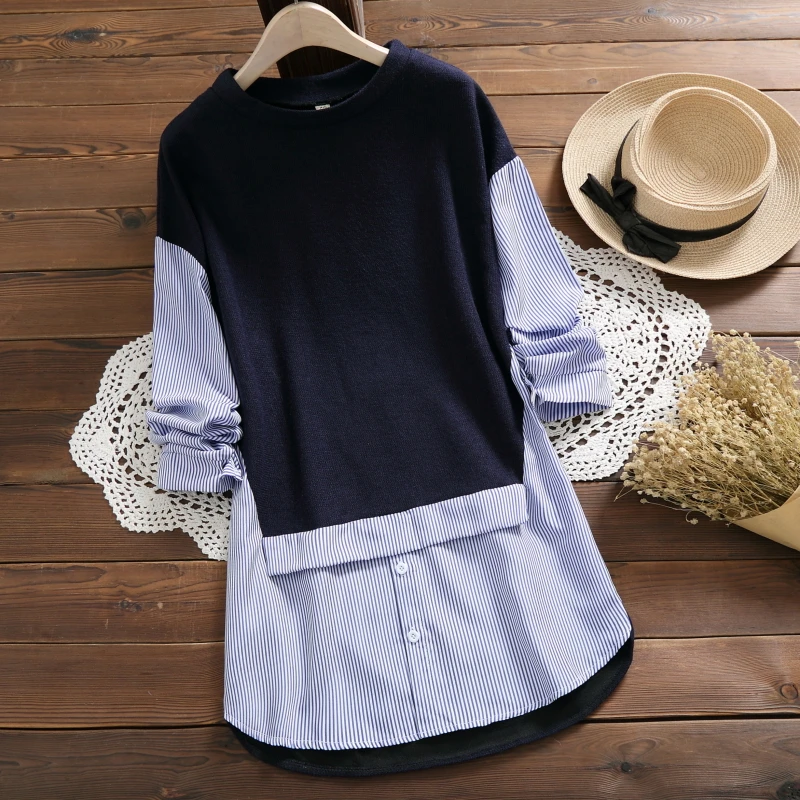 Mori Girl Spring Autumn Oversized Casual Top Plus Size Stripe Patchwork Knitted Blue Female T-Shirt Loose Elegant Lady Tee Shirt
Mori Girl Spring Autumn Oversized Casual Top Plus Size Stripe Patchwork Knitted Blue Female T-Shirt Loose Elegant Lady Tee Shirt