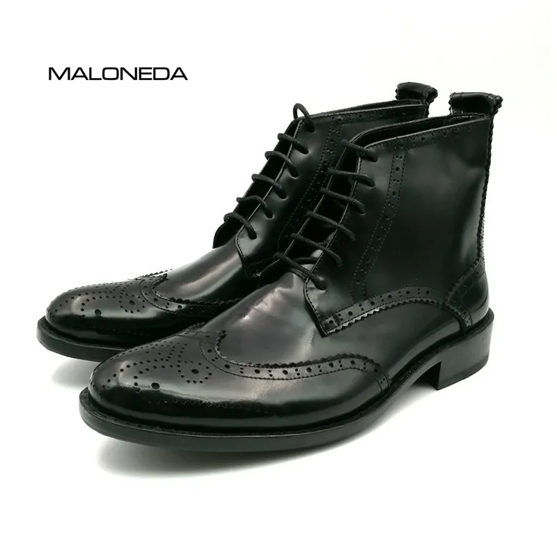 

MALONEDA Bespoke Retro Men's 100% Genuine Leather Lace-up Handmade Goodyear Welted Brogue Short Boots Shoes