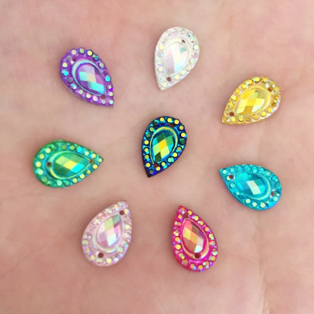 DIY 50pcs 7mm*12mm AB teardrop resin Flatback Rhinestone Wedding Button 2 hole