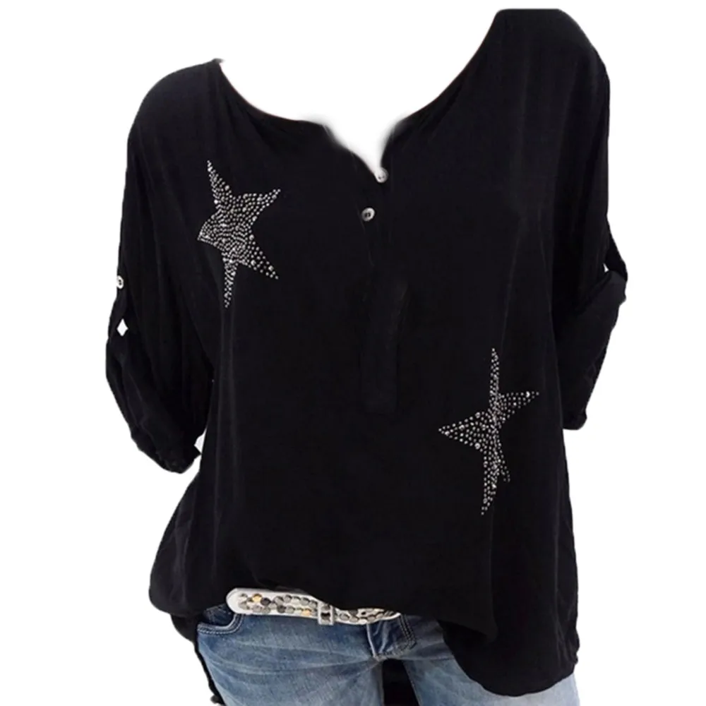 Feitong Autumn Summer Women Button T Shirt Three Quarter Sleeve Five-pointed Star Hot Drill Plus Size Tops Femme Woman Clothing
Feitong Autumn Summer Women Button T Shirt Three Quarter Sleeve Five-pointed Star Hot Drill Plus Size Tops Femme Woman Clothing
