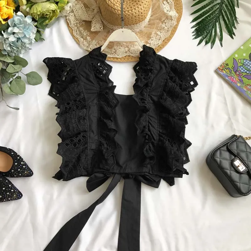 NiceMix 2019 Women design short hollow out ruffled shirt summer new sleeveless Bow Tie CropTops Blouse Elegant Sexy Black White
NiceMix 2019 Women design short hollow out ruffled shirt summer new sleeveless Bow Tie CropTops Blouse Elegant Sexy Black White
