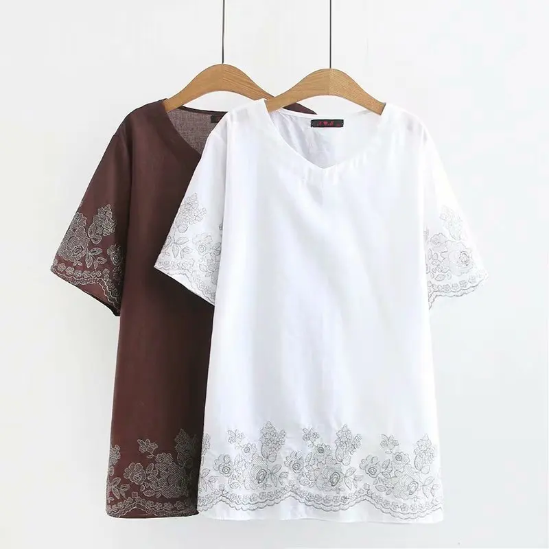 Oversize Plus Size Cotton O-Neck Embroidered T Shirt Women Short Sleeve Tshirt 2019 t-shirt Summer floral Top
Oversize Plus Size Cotton O-Neck Embroidered T Shirt Women Short Sleeve Tshirt 2019 t-shirt Summer floral Top