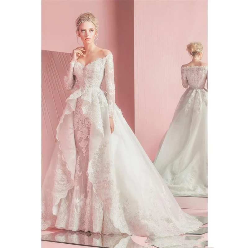 Romantic Pageant Gowns For Women Detachable Overskirts Lace Long Sleeves V Neck Formal Dress Applique Spring Beach Party Gowns
Romantic Pageant Gowns For Women Detachable Overskirts Lace Long Sleeves V Neck Formal Dress Applique Spring Beach Party Gowns