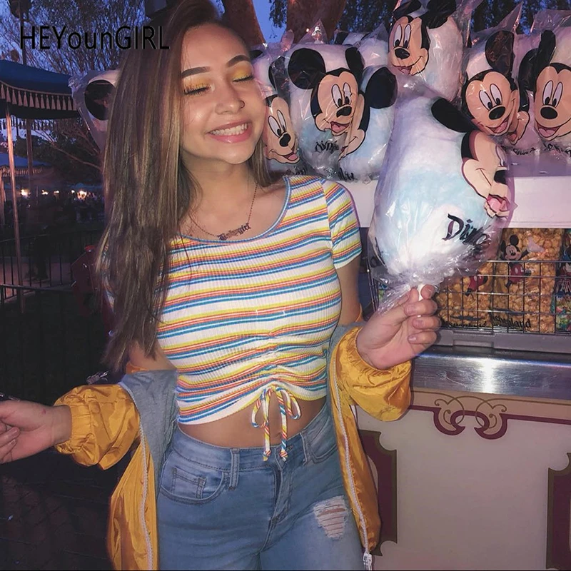 HEYounGIRL Ruched Rainbow Striped Woman Tshirt Top Casual Short Sleeve Crop Tops Tees Shirt Korean Fashion Tee Shirt Women 2019
HEYounGIRL Ruched Rainbow Striped Woman Tshirt Top Casual Short Sleeve Crop Tops Tees Shirt Korean Fashion Tee Shirt Women 2019