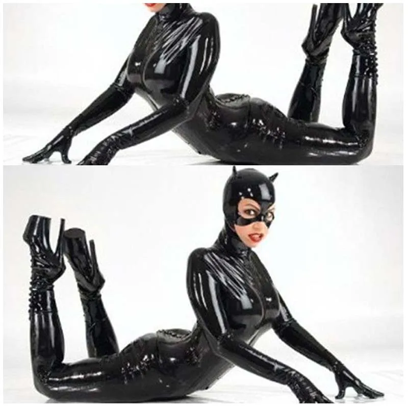 Sexy masked cat girl plus size PVC leather clubwear catsuit overalls XXL alluring latex bodycon stretched playsuit with gloves |