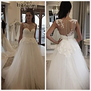 Sheer Scoop Tulle Bridal Gowns Wedding Dresses Illusion Back Covered Buttons See Through Plus Size Vestido De Noiva
Sheer Scoop Tulle Bridal Gowns Wedding Dresses Illusion Back Covered Buttons See Through Plus Size Vestido De Noiva