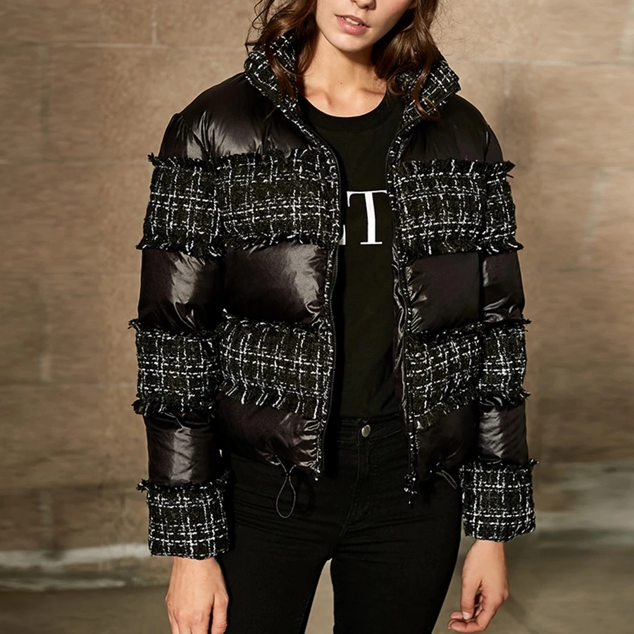 2019 Warm Black Women's Parkas Turtleneck Plaid Tweed Fringes Patchwork Cotton Padded Coat Zipper Short Winter Coat Women Jacket
2019 Warm Black Women's Parkas Turtleneck Plaid Tweed Fringes Patchwork Cotton Padded Coat Zipper Short Winter Coat Women Jacket