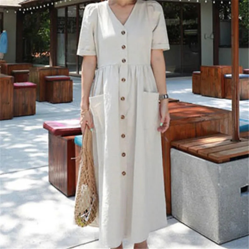 Korean Style Women Shirt Dress With Pocket Autumn Dress Vintage Short Sleeve V-Neck Cotton Linen Single Breasted Dress Jurken 
Korean Style Women Shirt Dress With Pocket Autumn Dress Vintage Short Sleeve V-Neck Cotton Linen Single Breasted Dress Jurken