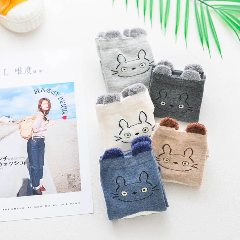 [EIOISAPRA]5 Pairs Cute Fuzzy Ear Wacky Totoro Pattern Socks Women Kawaii Animal Meias Korean Funny Sox Cotton Calcetines Mujer