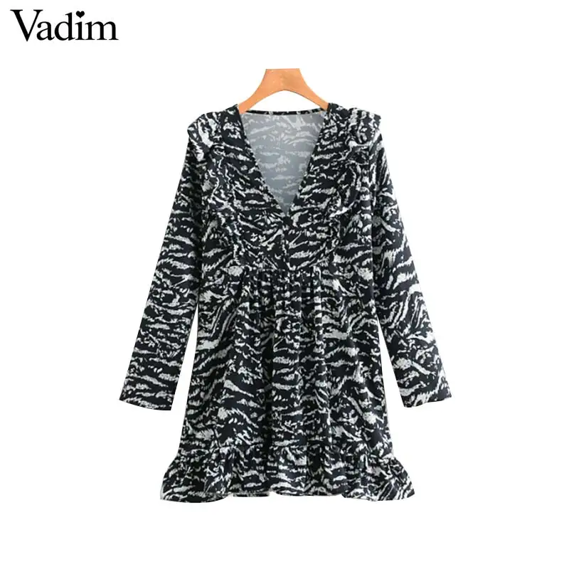 Vadim chic V neck leopard print dress animal pattern ruffle long sleeve pleated female casual mini dresses vestidos QA734 | Женская