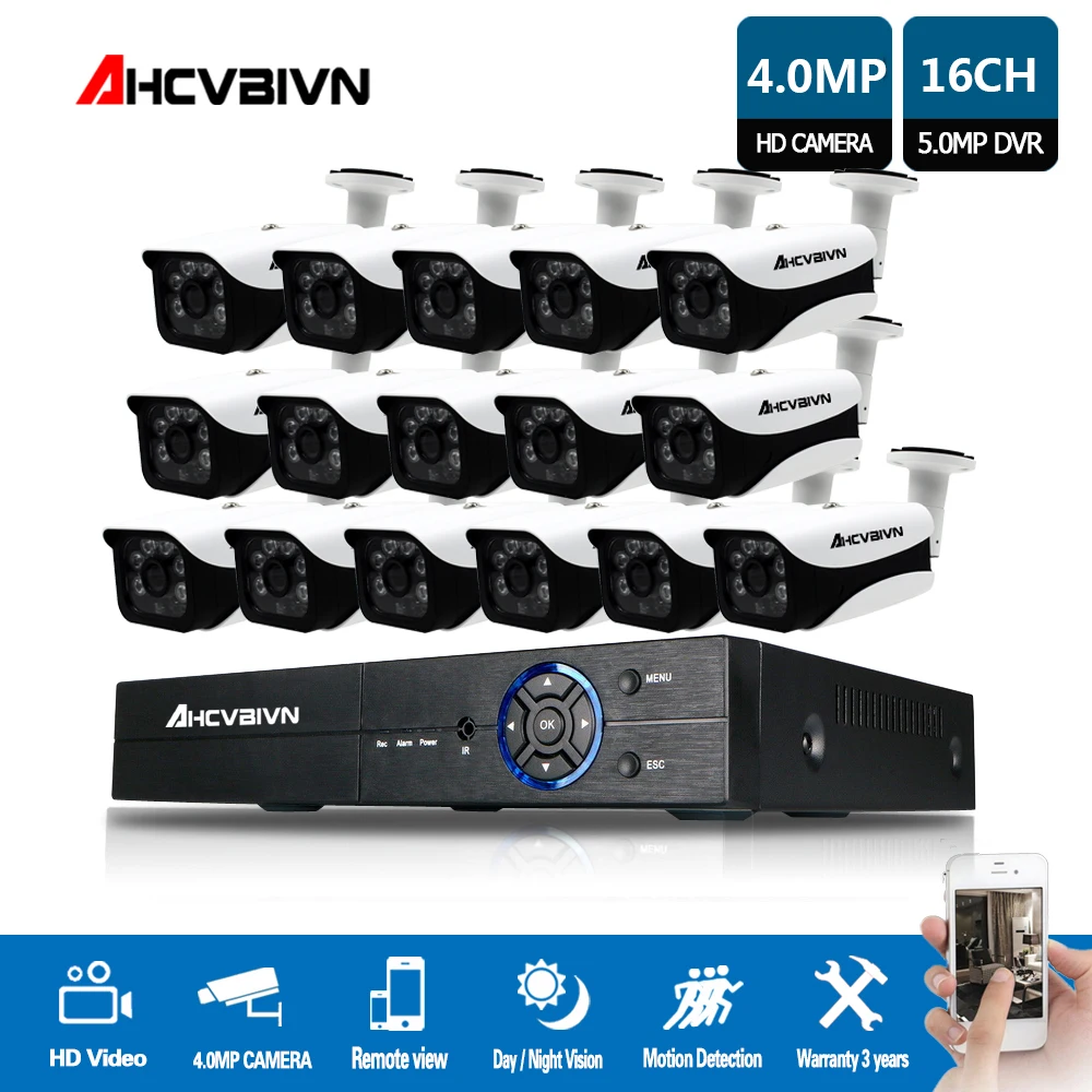

AHCVBIVN 16CH 5MP AHD DVR Kit CCTV Camera System 16PCS 4.0MP Security Camera IP66 Outdoor Video Surveillance System APP View