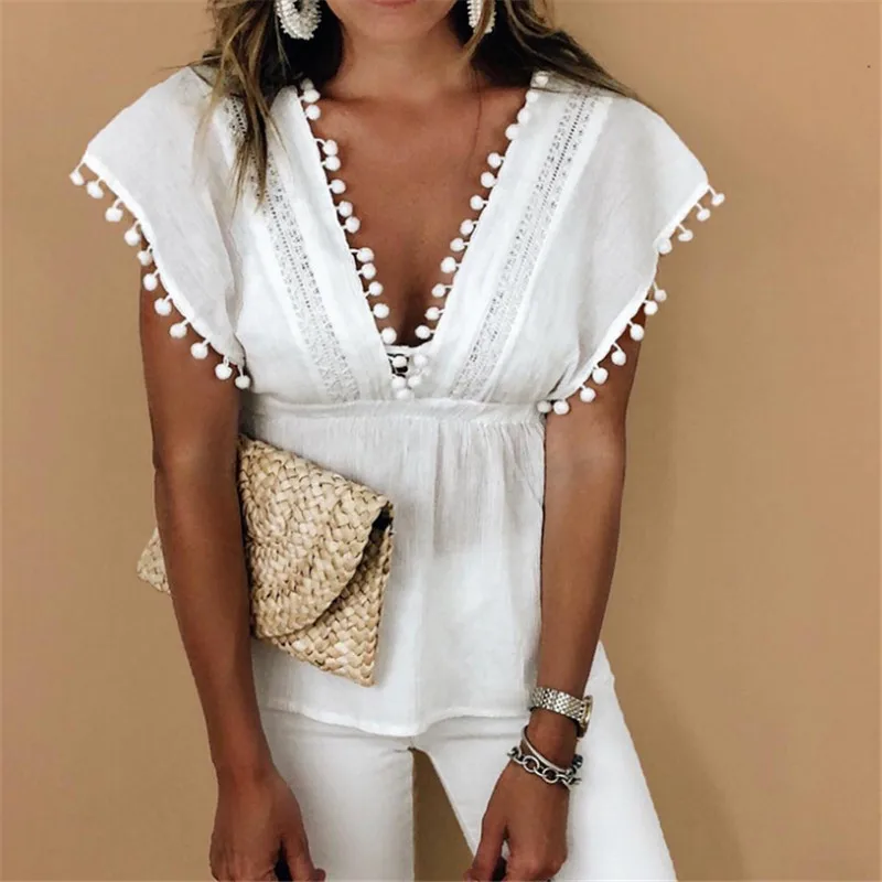 Summer Fashion Loose Casual Women White Tee Tshirt Sleeveless Top Lace T Shirt with Tassel Ball Deep V-neck Tops
Summer Fashion Loose Casual Women White Tee Tshirt Sleeveless Top Lace T Shirt with Tassel Ball Deep V-neck Tops