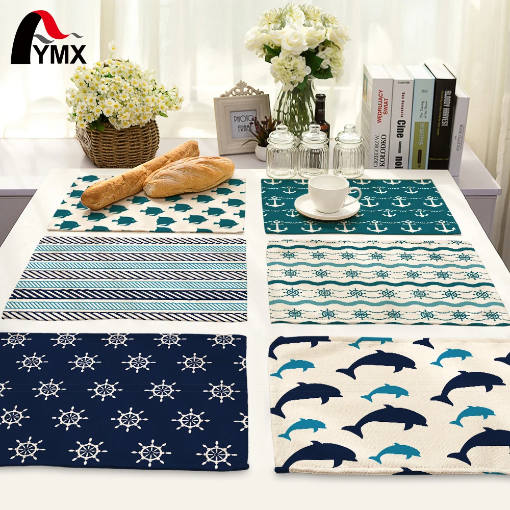 Image Mix 11 Style Table Napkins Dolphin Boat Anchor Cable Steering Wheel Printed Linen Cloth Dinner Napkins Tea Towels For Napkins