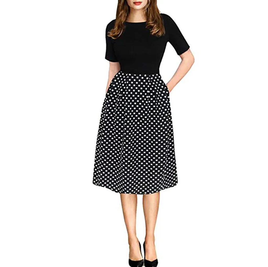 Women's Short-Sleeved O-neck Solid Tops patchwork Polka Dot Printed Dresses Woman Elegent Vintage Casual Official commute Dress
Women's Short-Sleeved O-neck Solid Tops patchwork Polka Dot Printed Dresses Woman Elegent Vintage Casual Official commute Dress