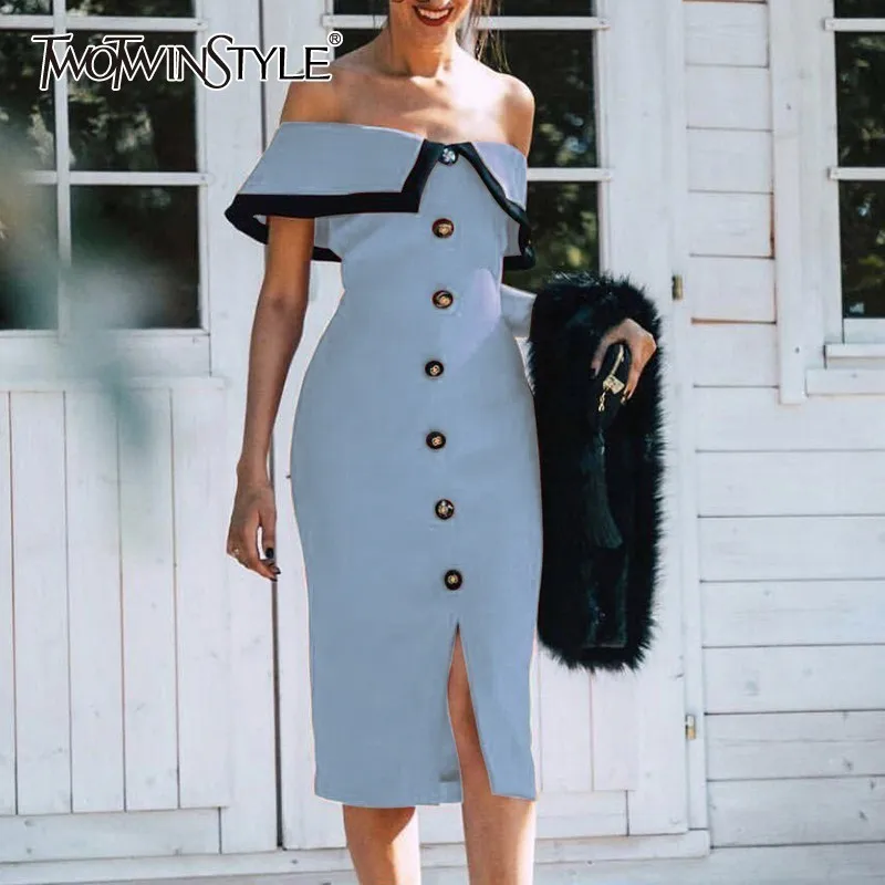 TWOTWINSTYLE Off Shoulder Sexy Dress For Women Slash Neck Short Sleeve High Waist Button Bodycon Dresses Female 2019 Summer
TWOTWINSTYLE Off Shoulder Sexy Dress For Women Slash Neck Short Sleeve High Waist Button Bodycon Dresses Female 2019 Summer