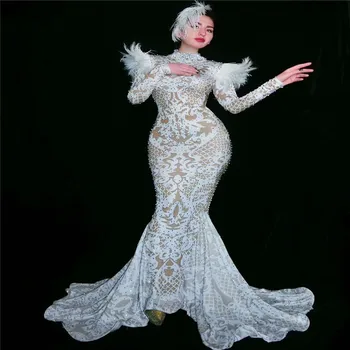 Y02 Party singer wears long evening dress stage dance costume ballroom catwalk perform white feather Long sleeve hip skirt cloth
Y02 Party singer wears long evening dress stage dance costume ballroom catwalk perform white feather Long sleeve hip skirt cloth