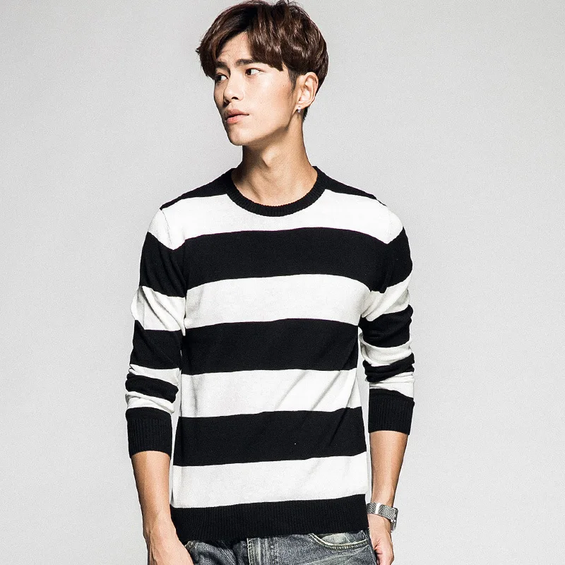 O-Neck Men Knitted Pullover Woolen Sweater Korean Style Mens Long Sleeve Striped Designer | Мужская одежда