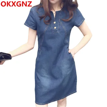 Vista descolada e confortável com o vestido jeans feminino S-5XL da SELAITAILYE 10 Korean Denim Dress For Women 2019 New Summer Casual Jeans Dress With Button Pocket Sexy Mini Dress Vestidos Plus Size S-5XL M98
