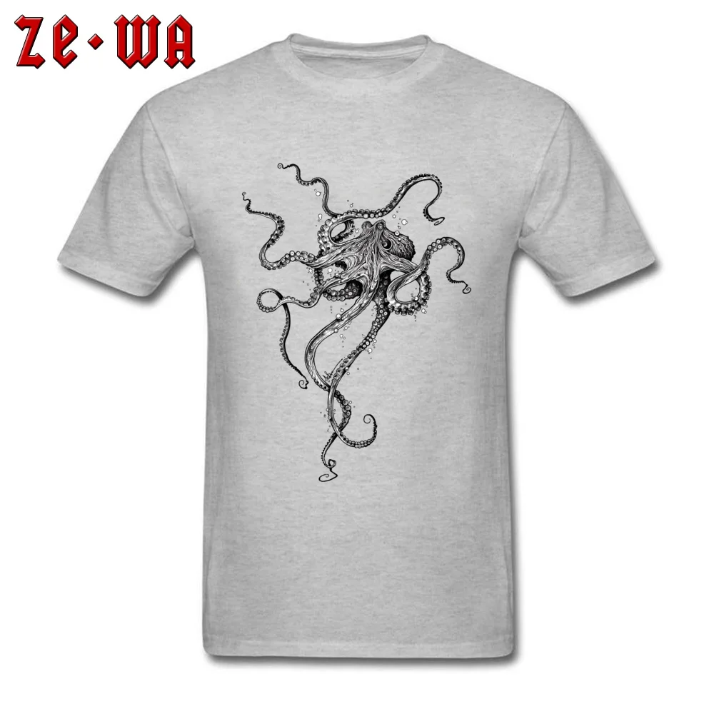 Round Collar Octopus 100% Cotton Male Top T-shirts Normal Short Sleeve Tops T Shirt Rife Printed T-shirts Top Quality Octopus grey