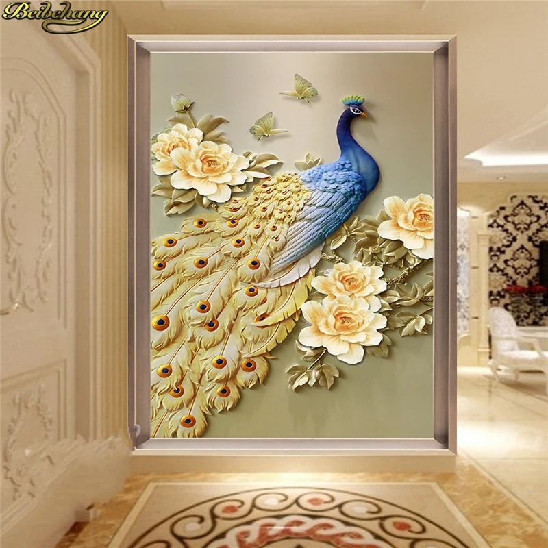 

beibehang Custom Photo 3D Wallpaper Stereo concave-convex Rich auspicious golden peacock mystery papel de parede
