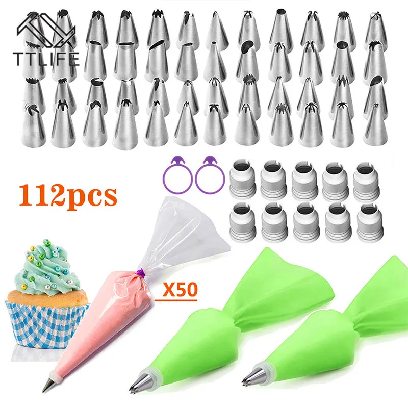 112PCS/SET Silicone DIY Icing Piping Cream Pastry Bags + 48PCS Nozzle Tips Set Cake Decorating Tools Mould + Coupler Converter
112PCS/SET Silicone DIY Icing Piping Cream Pastry Bags + 48PCS Nozzle Tips Set Cake Decorating Tools Mould + Coupler Converter