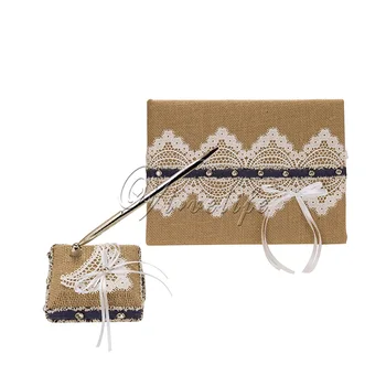 2pcs/set Burlap Wedding Guest Book + Pen Set with Lace Ribbon Bowknot Pen Stand Guest Signature Book for Wedding Event Supplies
2pcs/set Burlap Wedding Guest Book + Pen Set with Lace Ribbon Bowknot Pen Stand Guest Signature Book for Wedding Event Supplies