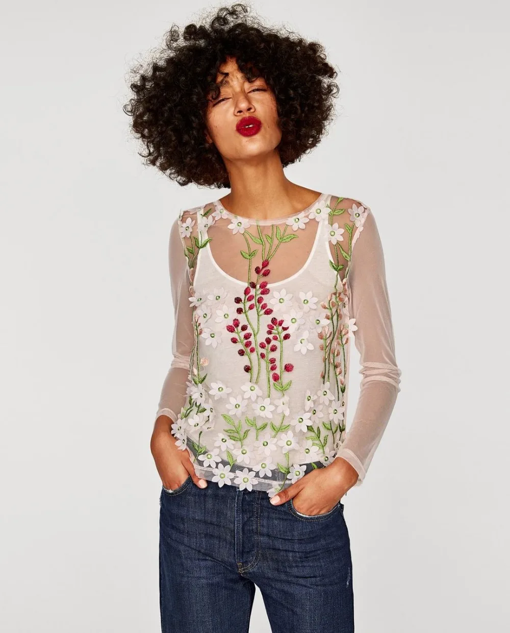 Ladies Tops Beautiful Mesh Perspective shirt Three-dimensional flower Delicate embroidery Women Summer Blouse
Ladies Tops Beautiful Mesh Perspective shirt Three-dimensional flower Delicate embroidery Women Summer Blouse