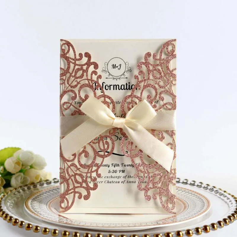 Glitter paper Rose gold Wedding Invitations Laser Cut Wedding cards with ribbon Birthday Party Greeting Card
Glitter paper Rose gold Wedding Invitations Laser Cut Wedding cards with ribbon Birthday Party Greeting Card