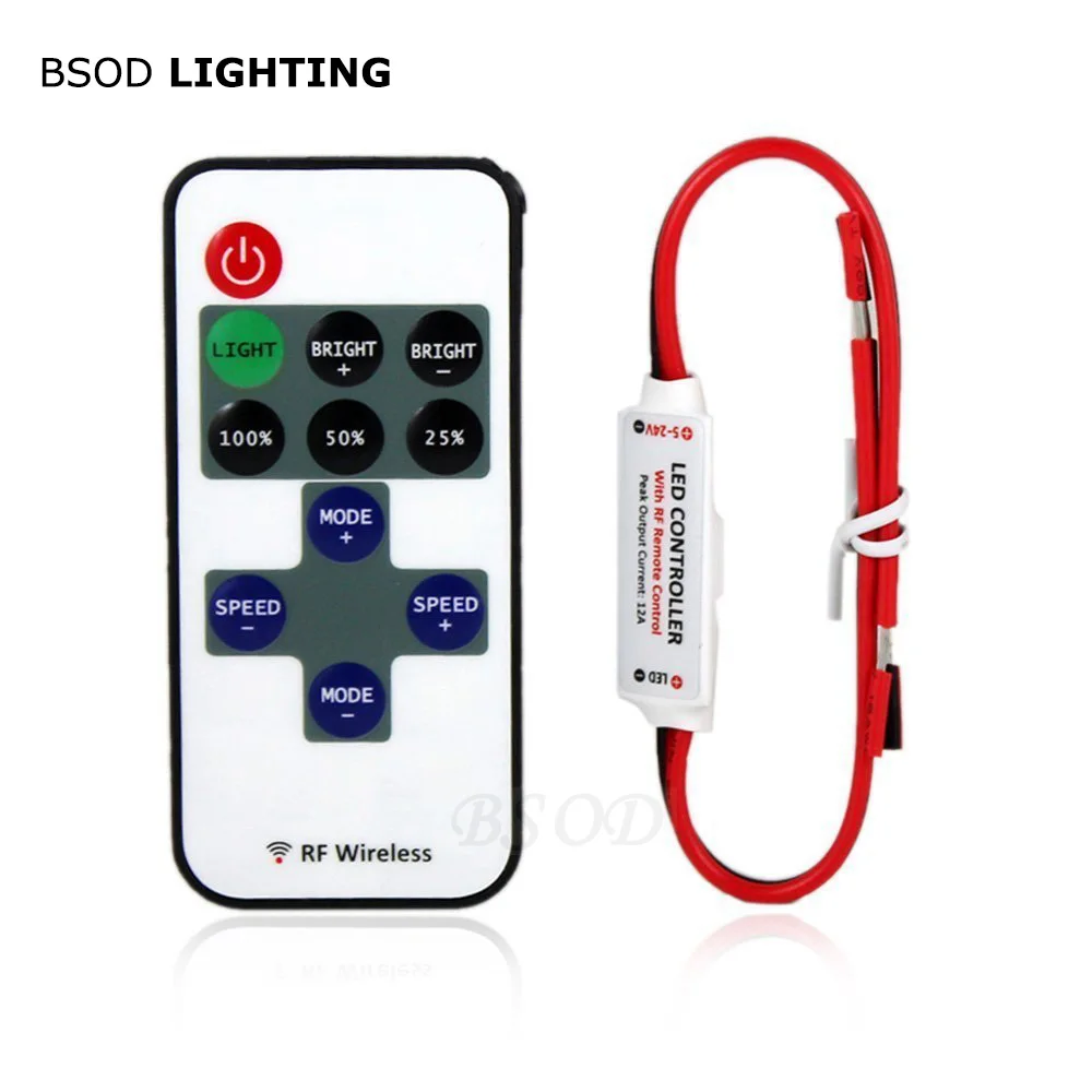 BSOD Mini LED Controller Dimmer with RF Wireless Remote Control DC 5~24V 12A 11 Keys R106 for Single Color
BSOD Mini LED Controller Dimmer with RF Wireless Remote Control DC 5~24V 12A 11 Keys R106 for Single Color