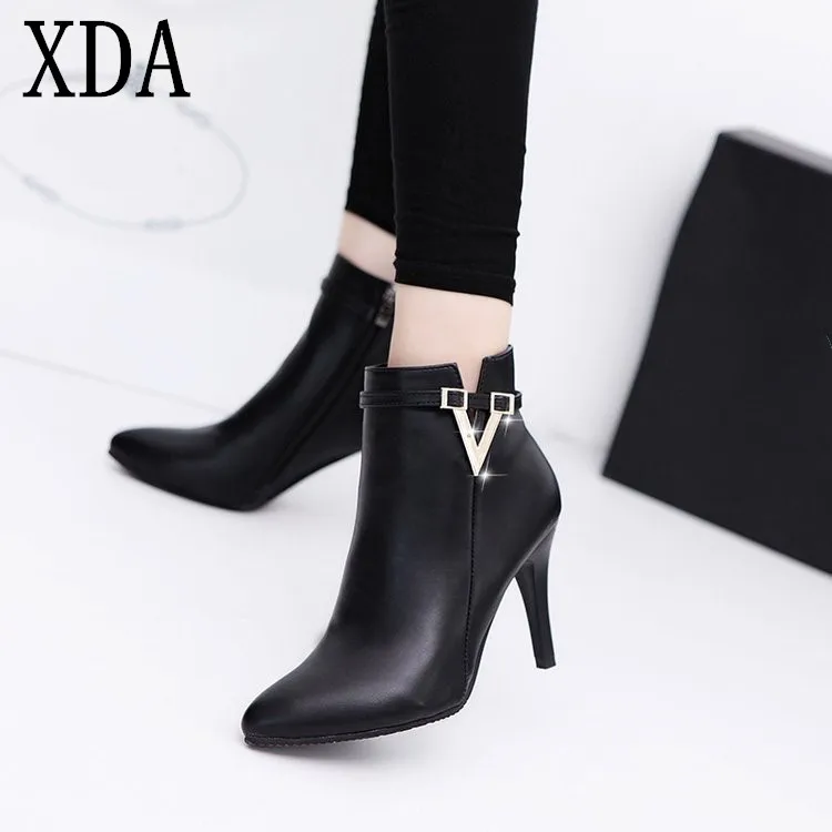 

XDA 2019 fashion Spring Autumn Thin High Heels Pointed Toe martin boots Faux Leather Zipper Style Sexy Women ankle Boots