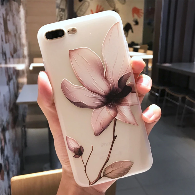 Tikitaka Lotus Flower Case For iPhone 8 Plus XS Max XR 3D Relief Rose Floral Phone Case For iPhone X 7 6 6S Plus 5 SE TPU Cover