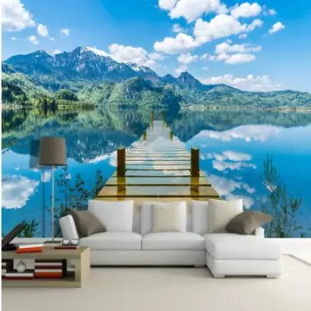 

3D Wallpaper Nature Scenery Blue Sky Wooden Bridge Lake Photo Wall Mural Living Room TV Sofa Backdrop Wall Papers For Walls 3 D