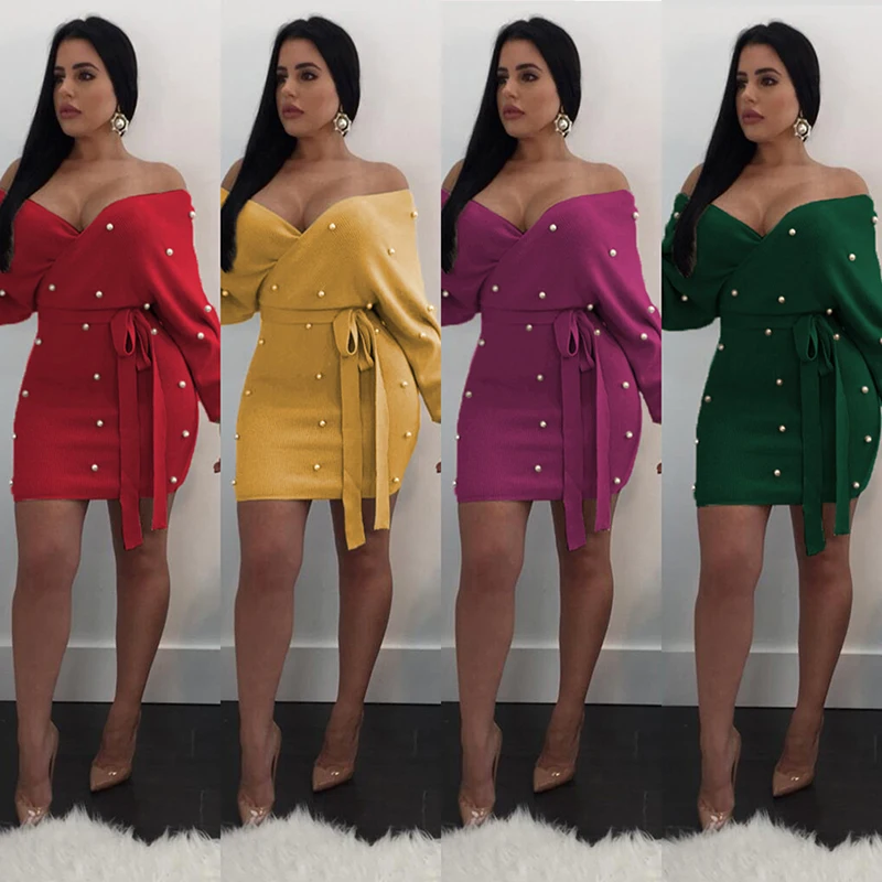 Fashion Sexy Strapless Hip Long Sleeve Pearl Dress Mini Beading Solid Dress V Neck Summer Casual Clothes Dresses With Sashes
Fashion Sexy Strapless Hip Long Sleeve Pearl Dress Mini Beading Solid Dress V Neck Summer Casual Clothes Dresses With Sashes