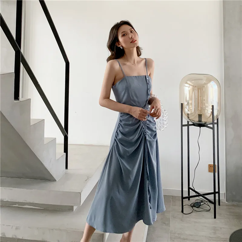 2019 Women Drawstring Draped Sexy Dress Fashion chic Lady Blue Sleeveless Slim Tunic Club Party Midi Dresses | Женская одежда