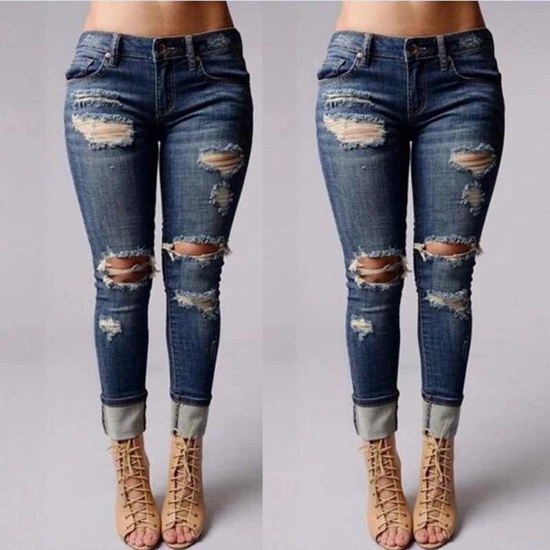 

Jeans Destroyed Women Mid Waist Button Fly Ripped Denim Autumn Pants Womens Ankle Length Boyfriend Trousers