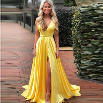 Elegant Satin A-Line V-Neck High Slit Prom Dresses Off The Shoulder Floor Length Party Prom Gowns Formal Vestido De Festa
Elegant Satin A-Line V-Neck High Slit Prom Dresses Off The Shoulder Floor Length Party Prom Gowns Formal Vestido De Festa