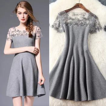 Autumn lady Europe fashion high street sweet gray black color short sleeve Lace stitching women Slim Knitting Dress 
Autumn lady Europe fashion high street sweet gray black color short sleeve Lace stitching women Slim Knitting Dress