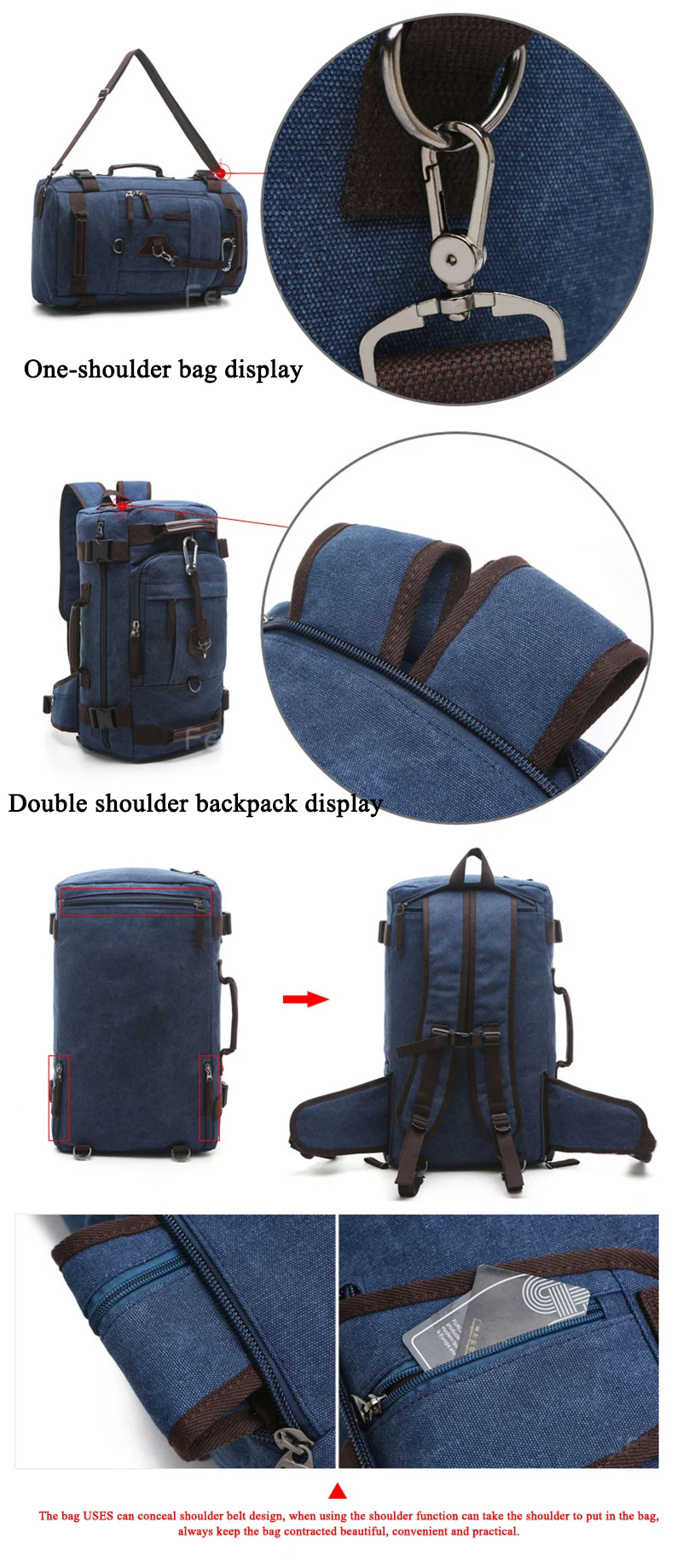 photos showing the materials of a blue navy rucksack and its anti-theft pockets