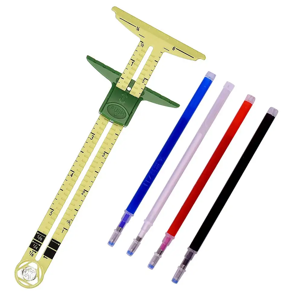 5-in-1 Sewing Ruler Tool for Marking Button Holes T-Shaped Sliding Gauge Sewing Measuring 4 Colors Heat Erase Pens for Fabric,
5-in-1 Sewing Ruler Tool for Marking Button Holes T-Shaped Sliding Gauge Sewing Measuring 4 Colors Heat Erase Pens for Fabric,