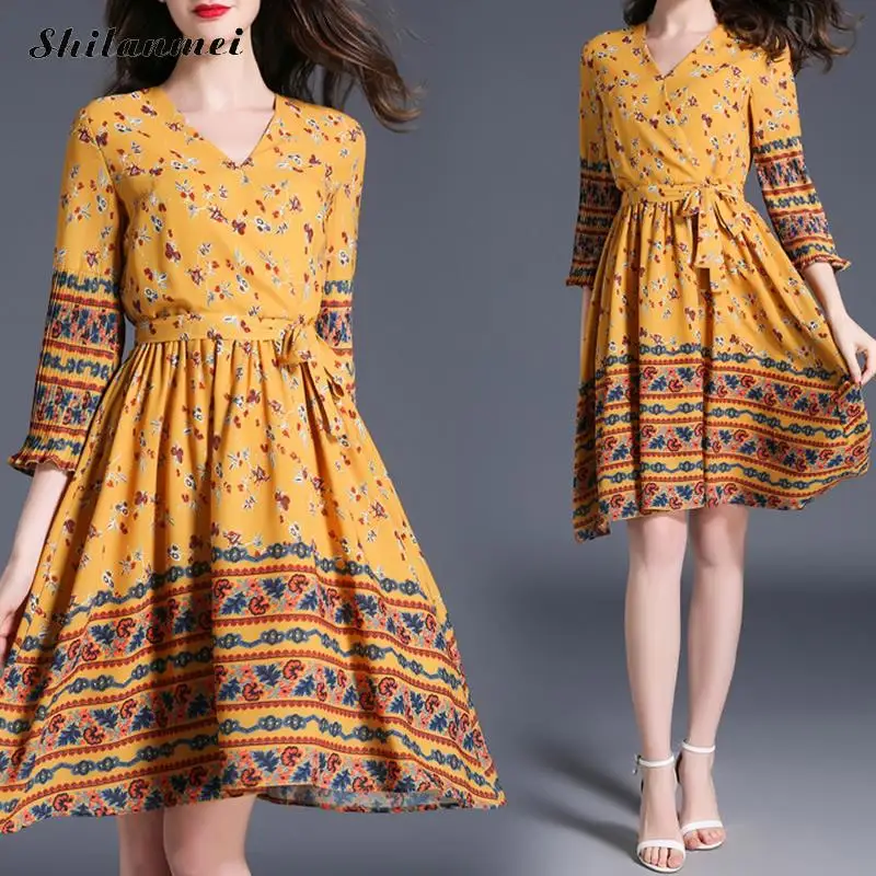 Для женщин летнее платье Элегантные старинные Boho богемное для похудения дышащий