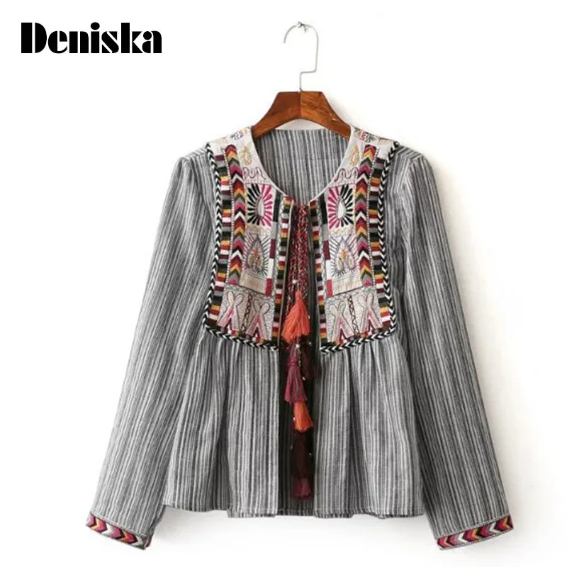DENISKA Vintage Вышитые Этнические Женщины Куртка с Кулиской Шею Длинным Рукавом
