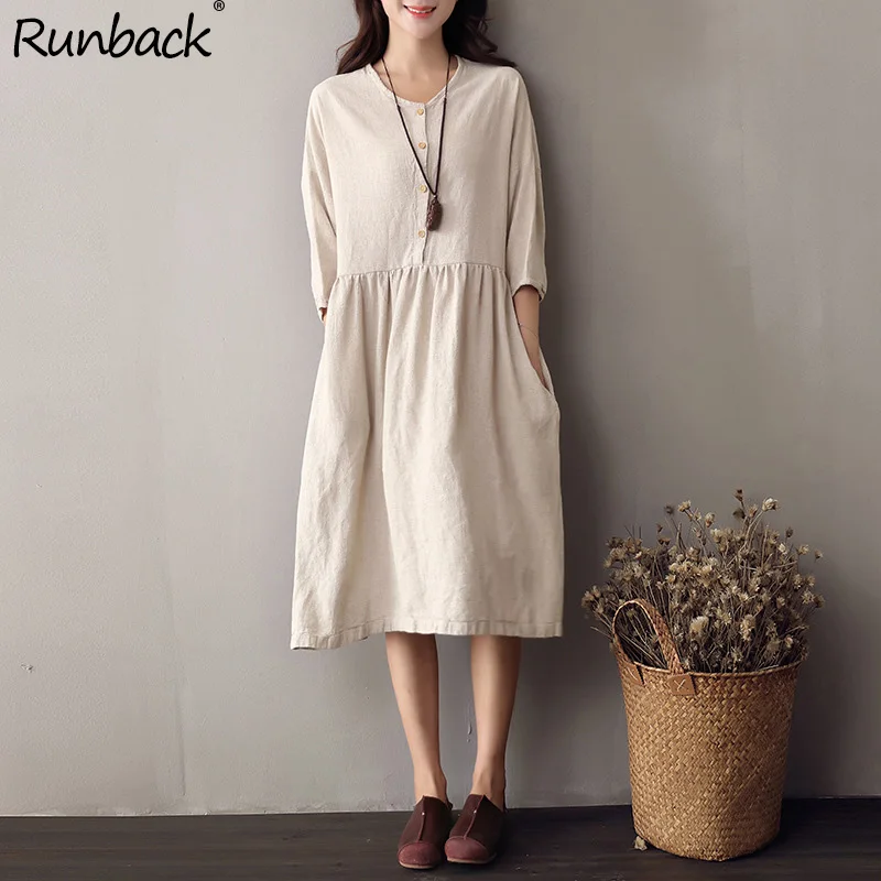 2019 Autumn New Cotton Linen Dress Female Three Quarter Kawai O-neck Big Pockets Pleated Single Breasted Knee Length Gown
2019 Autumn New Cotton Linen Dress Female Three Quarter Kawai O-neck Big Pockets Pleated Single Breasted Knee Length Gown