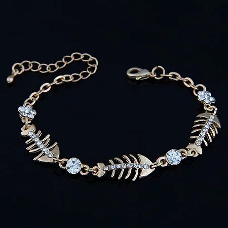 Фото LEMOER Gold Silver Color Crystal Rhinestone Fish Bone Flower Bracelet Chain Link initial charm bracelets Jewelry pulseiras | Украшения и