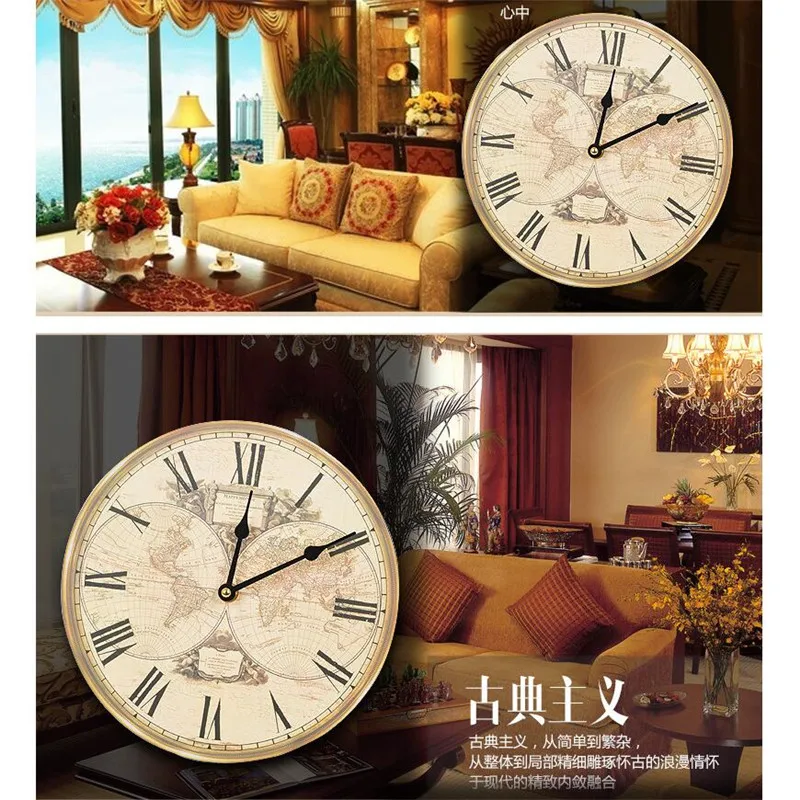 3d vintage wall clock for living room Europe wooden retro wall clock world map wanduhr silent klok wall watches home decor (5)