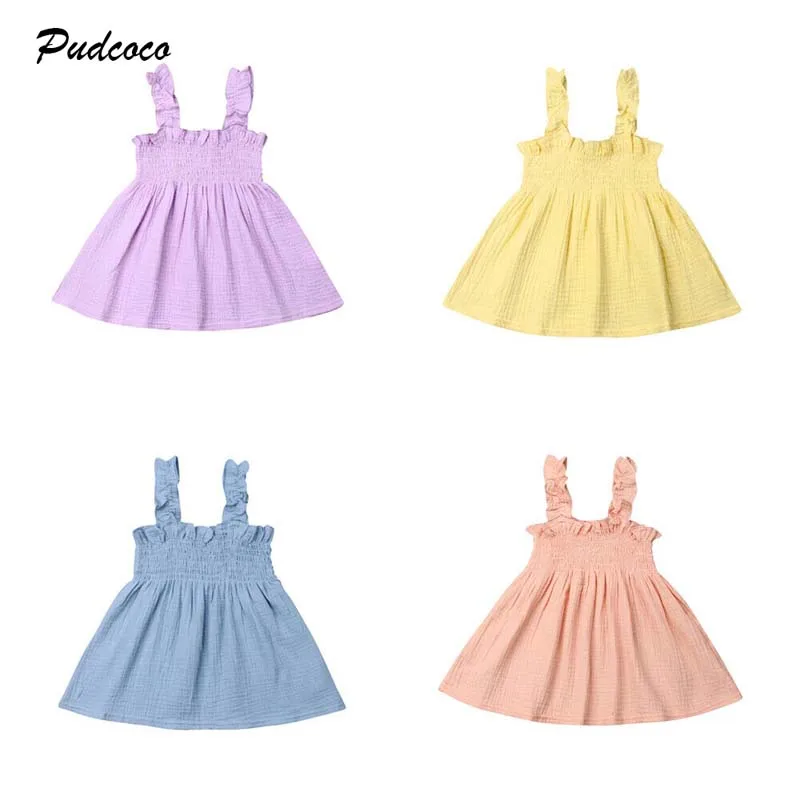 2019 Brand Lovley Infant Kids Baby Girls Princess Dress Solid Pleated Sleeveless Pageant Sling Tutu Dresses Cotton Linen Clothes | Мать и